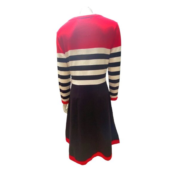 Andrew Marc New York Small Red Black Stripe Knit Dress Mod Revival Parisian Styl - Picture 7 of 11